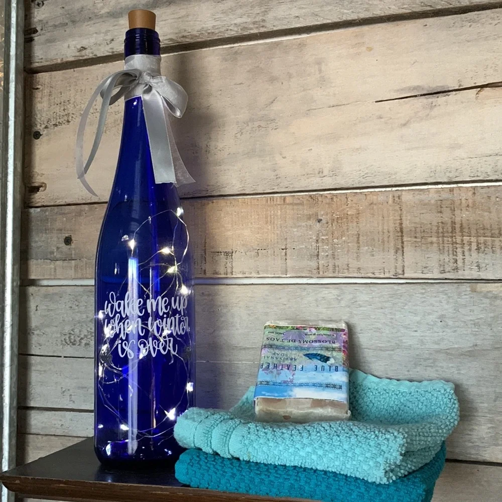 ‘Wake Me When Winter Is Over’ blue wine bottle lantern